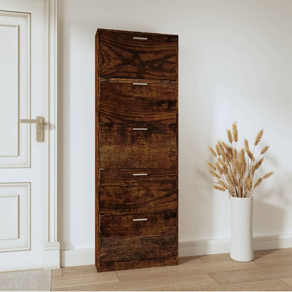 Gabinete de zapatos Vidaxl 59x17x169 CM Madera de madera propiedad de roble ahumado