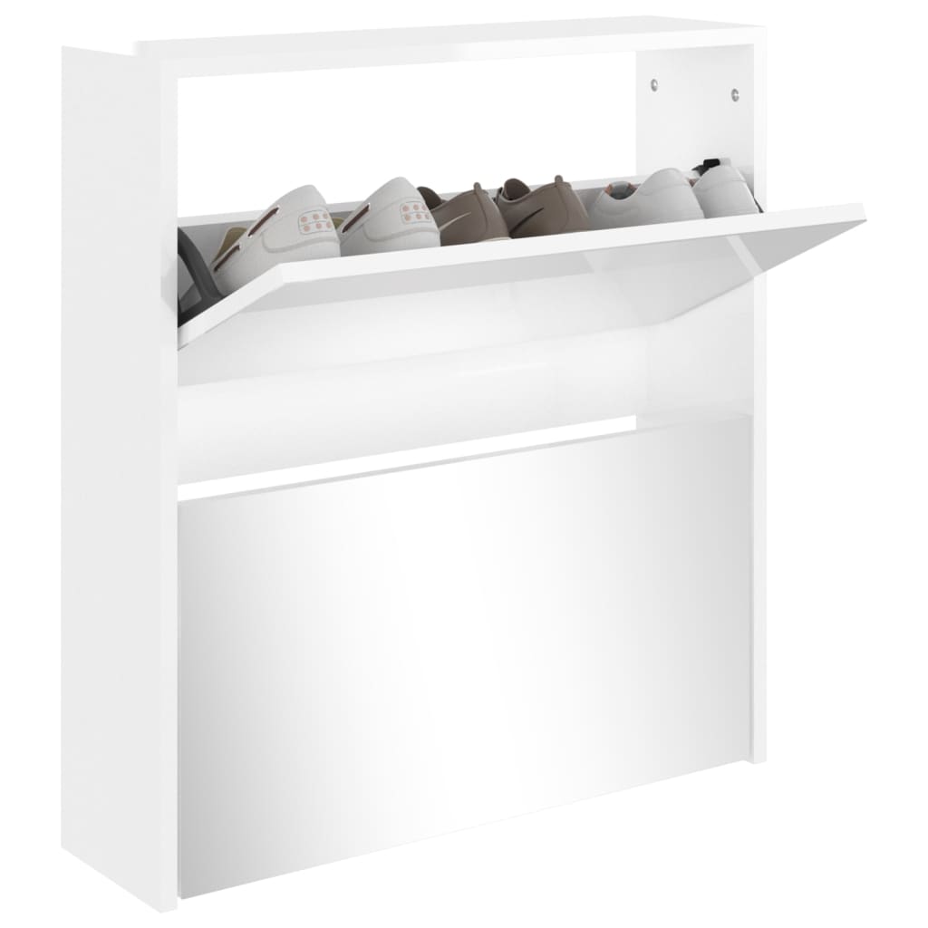 Gabinete de zapato Vidaxl con espejo 2 capas 63x17x67 cm de alto brillo blanco