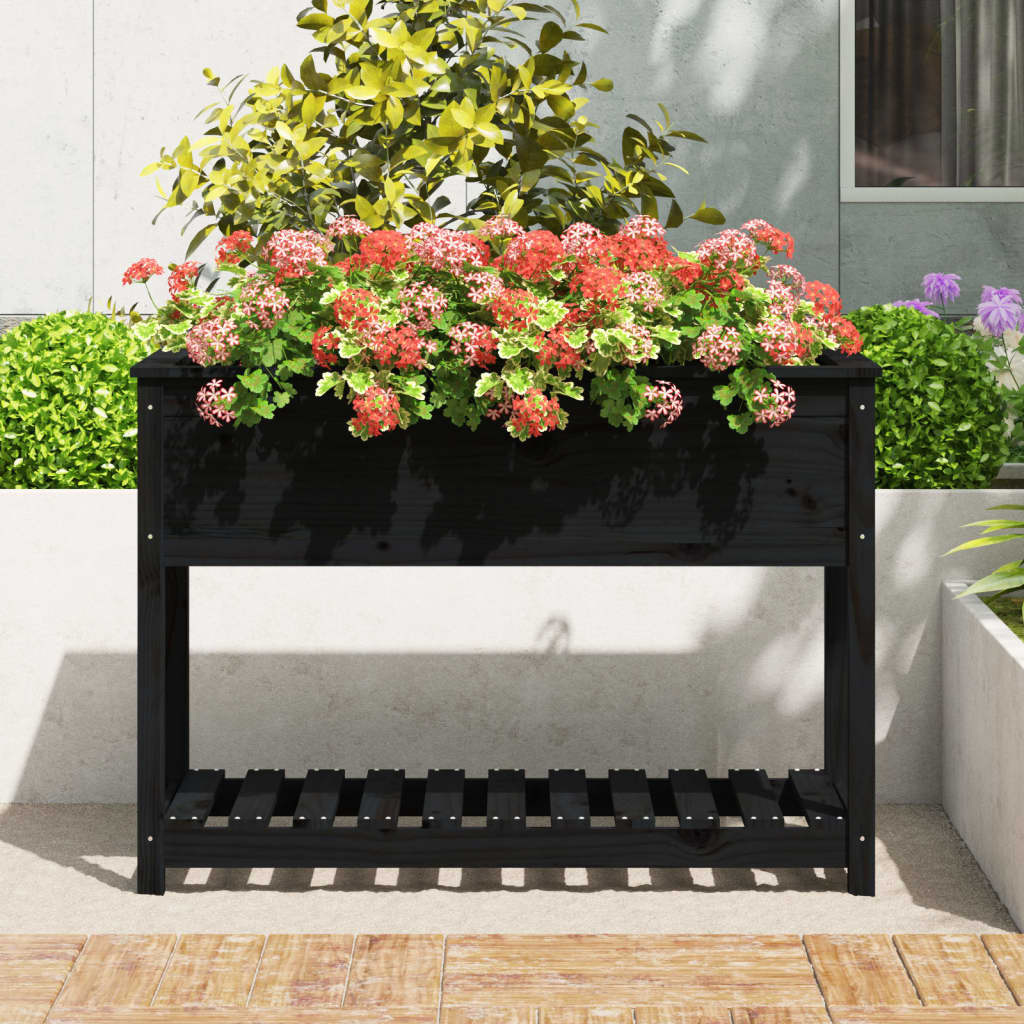 Vidaxl fioriera con scaffale 111.5x54x81 cm pino di pino solido nero