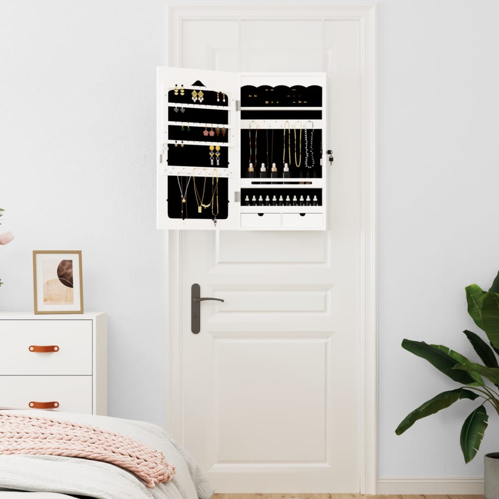 Armario de joyería Vidaxl con pared de espejo 37.5x10x67 cm blanco