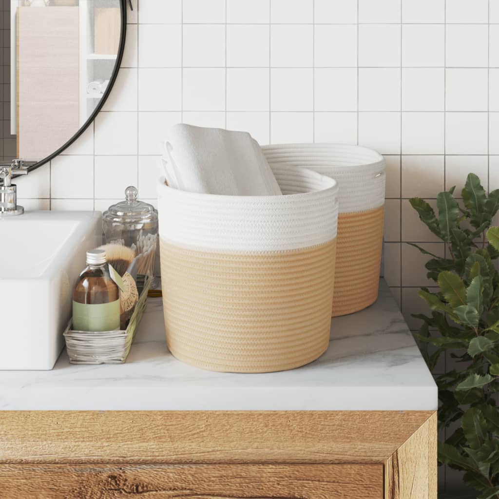 Cestas de almacenamiento de Vidaxl 2 sts Ø 28x28 cm de algodón beige y blanco