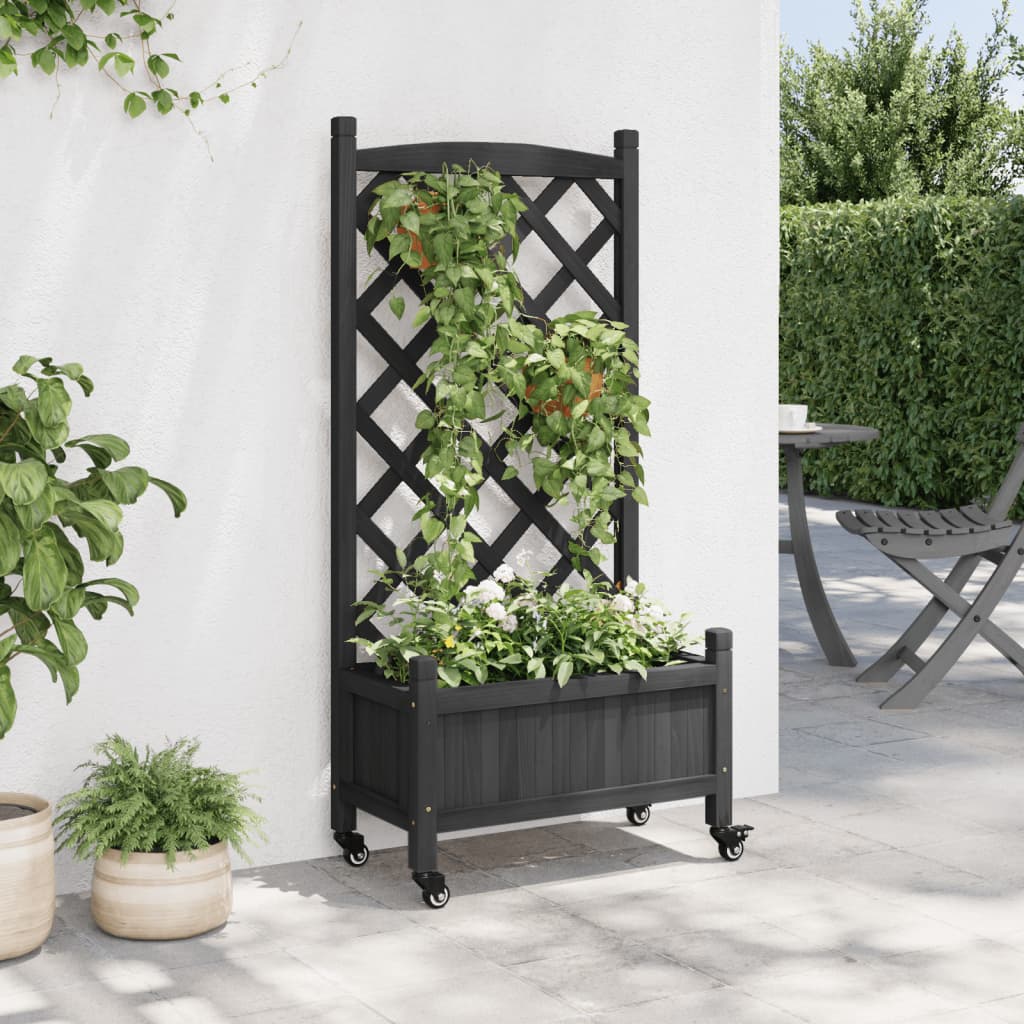 Fioriera Vidaxx con traliccio e ruote, legno di pino massiccio, nero