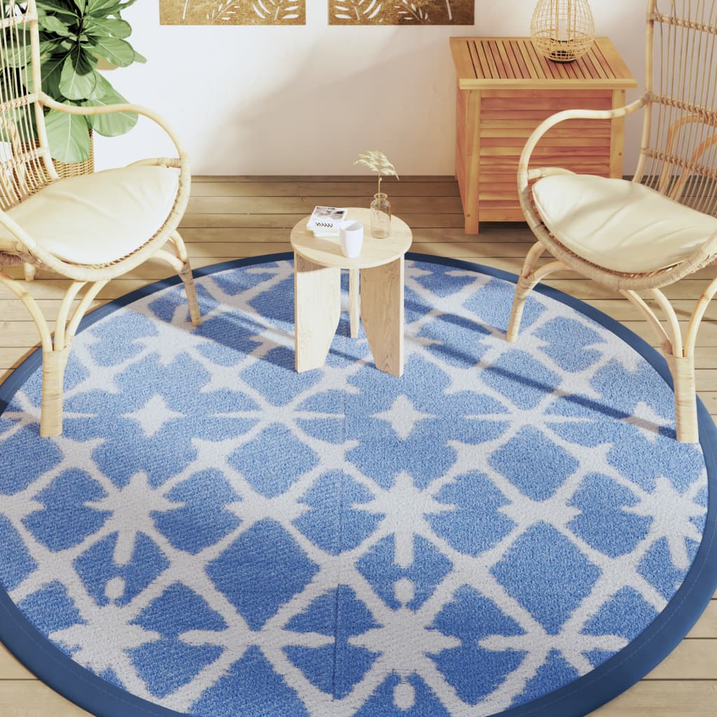 Vidaxl Fuera exterior de la alfombra Ø200 cm Polipropeno Azul y Blanco