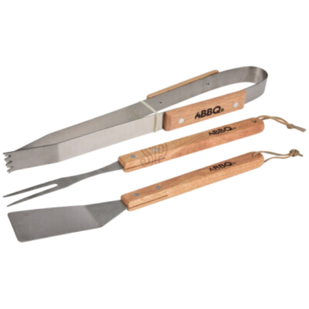 Set di attrezzi per barbecue in legno in acciaio inox da 3 pezzi