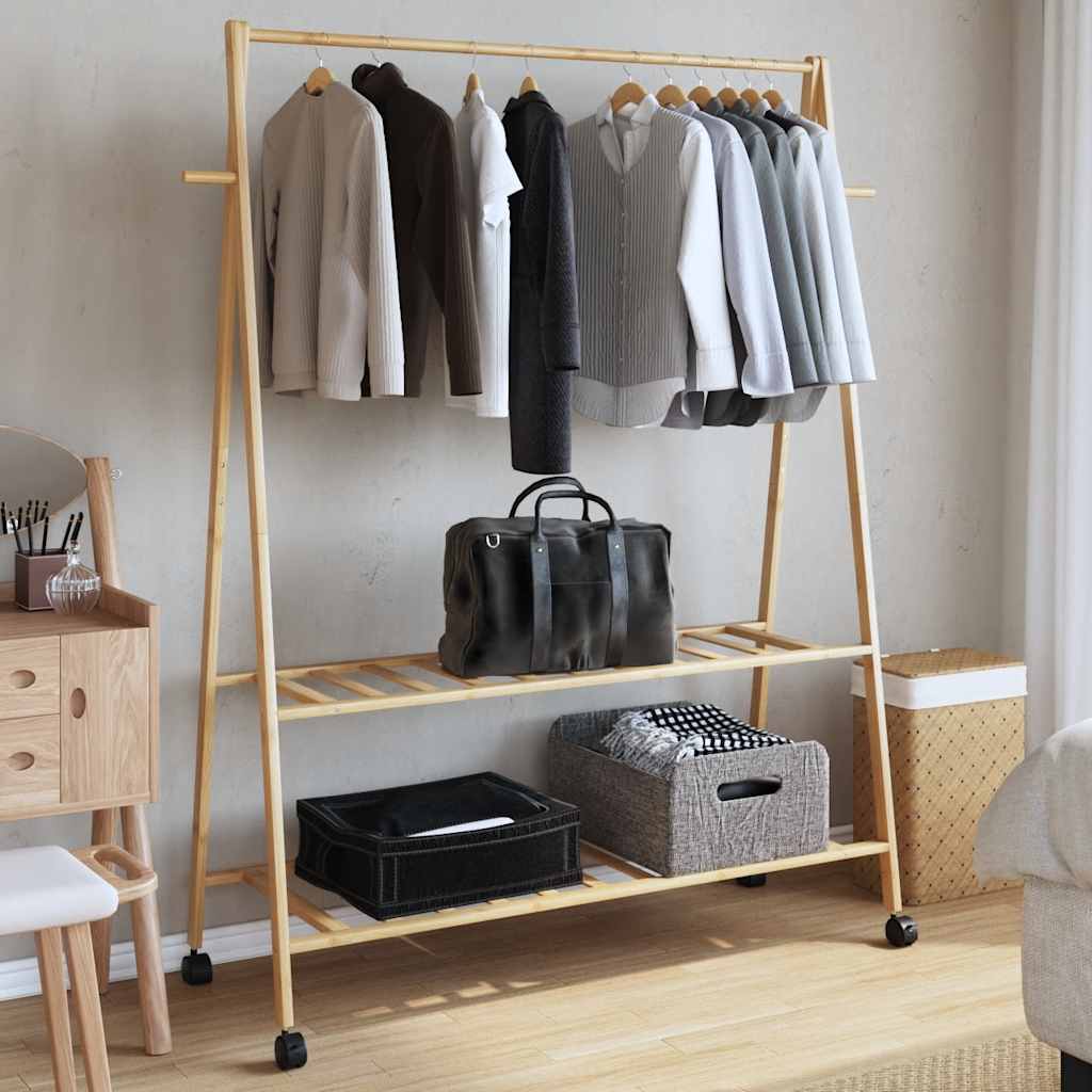 Pianto di abbigliamento Vidaxl con ripiani e ruote 132x45.5x155.5 cm in bambù