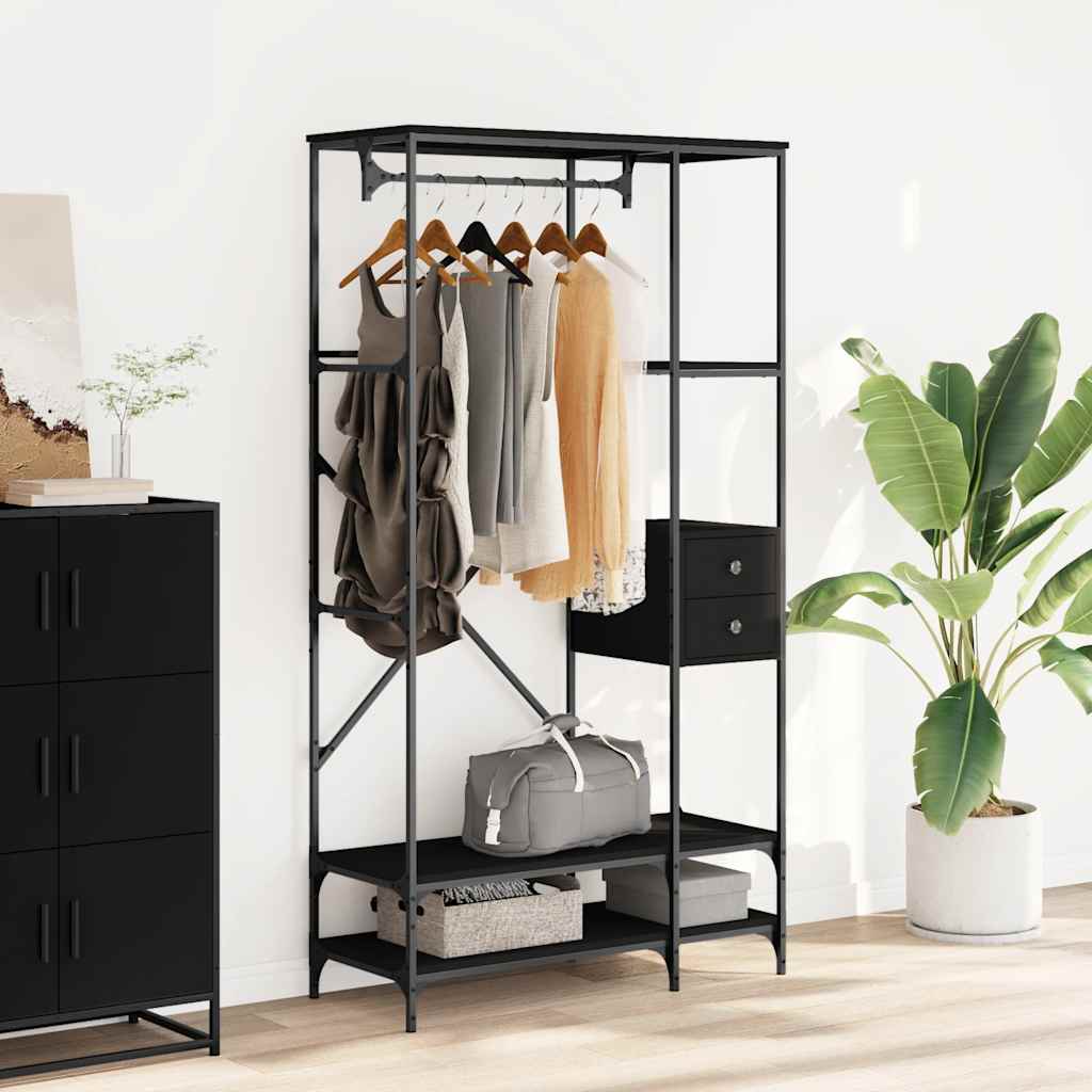 Estante de ropa de Vidaxl con estantes de madera procesada negra