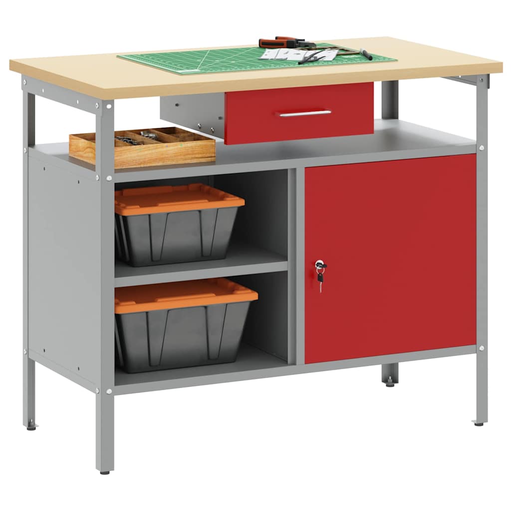 Vidaxxl workbench with drawer with shelf red and gray 100 x 55 x 85 cm