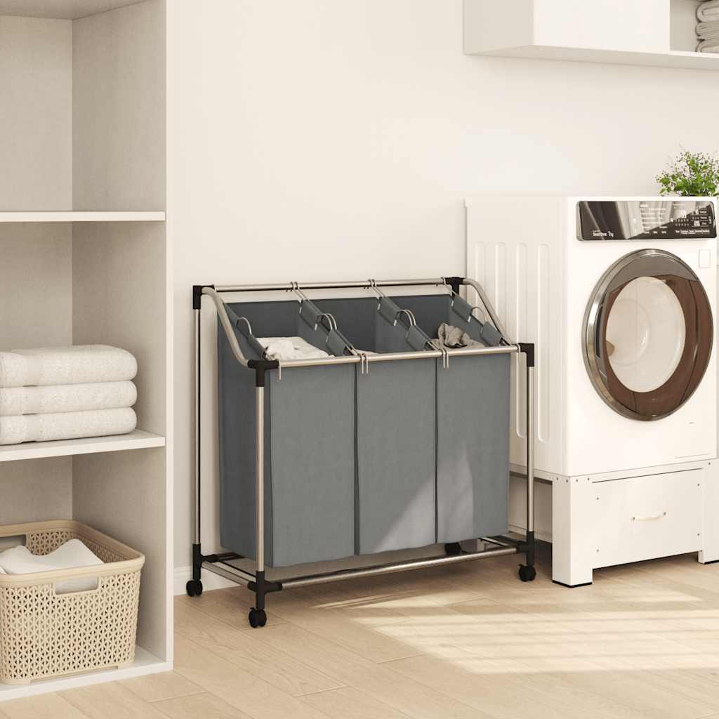 Cesto portabiancheria VidaXL con ruote, 3 scomparti, grigio