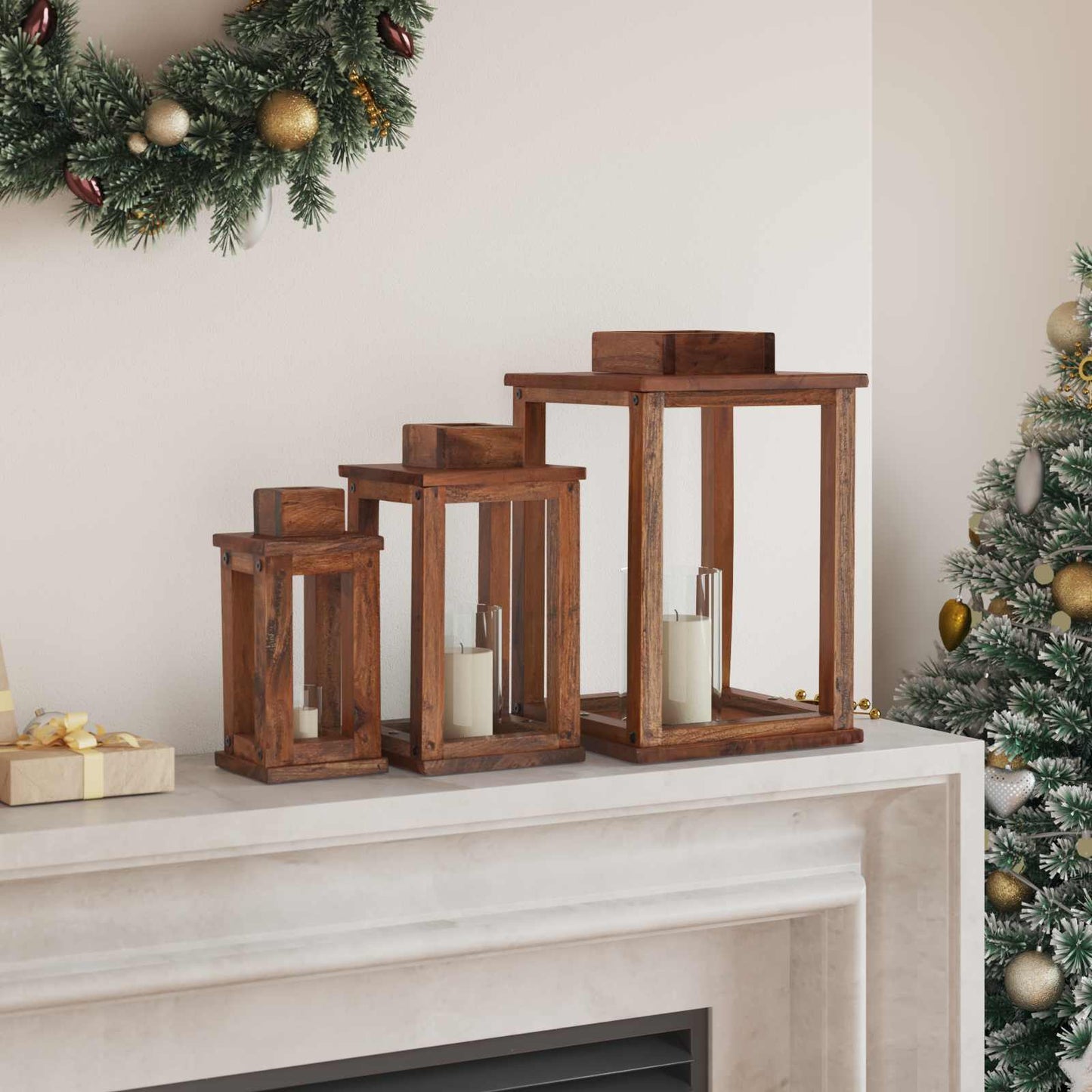 Vidaxl farol 3 piezas madera caoba natural