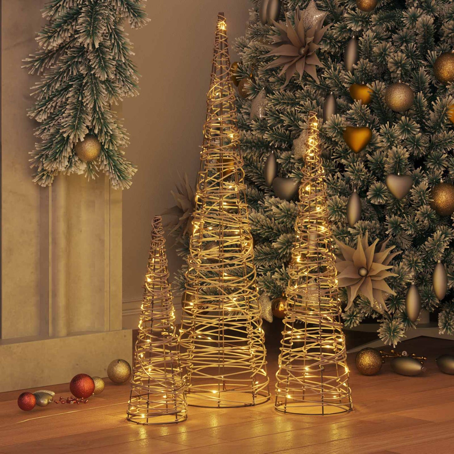 VidaXL Árbol de Navidad con 90 LED 3 piezas blanco cálido 20 x 20 x 80 cm ratán