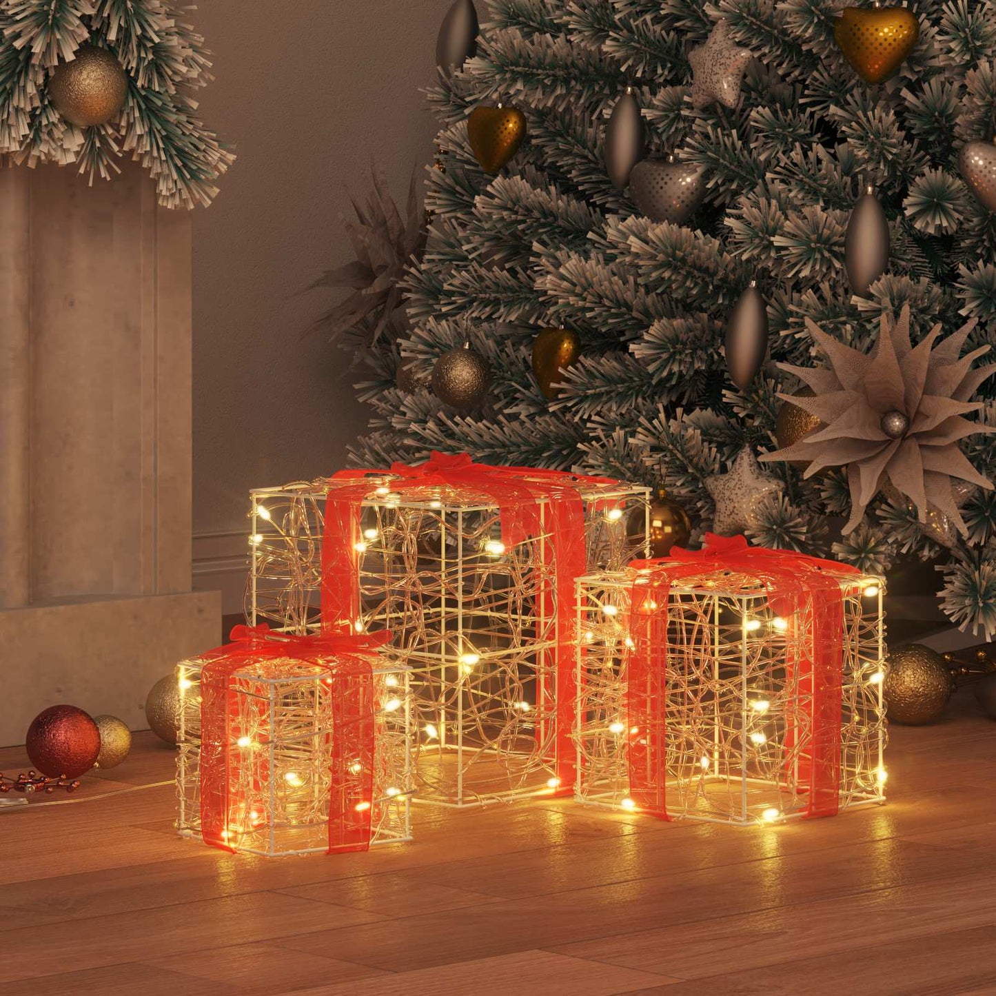 Vidaxxl caja de regalo con 60 LED 3 piezas blanco cálido 20 x 20 x 20 cm acrílico