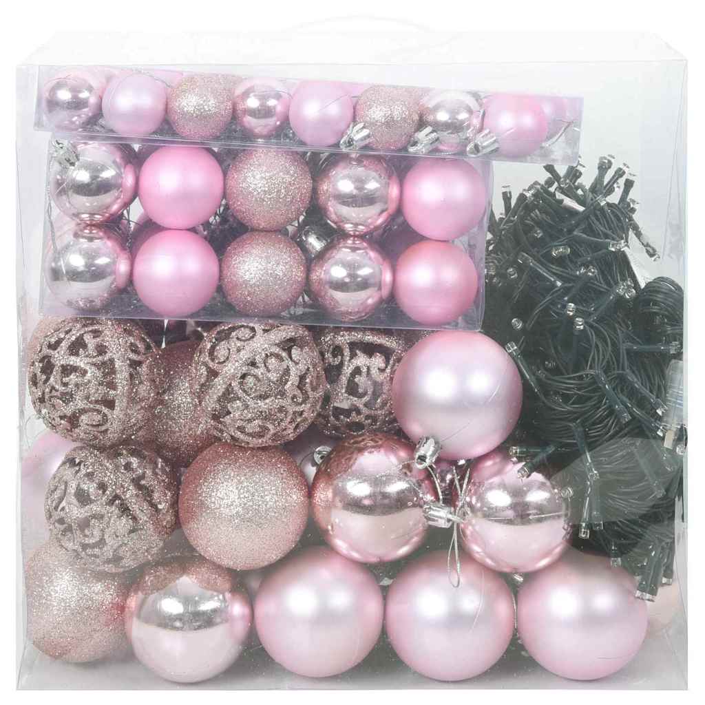 VidaXL set de bolas de Navidad con 300 LED 120 piezas plástico rosa