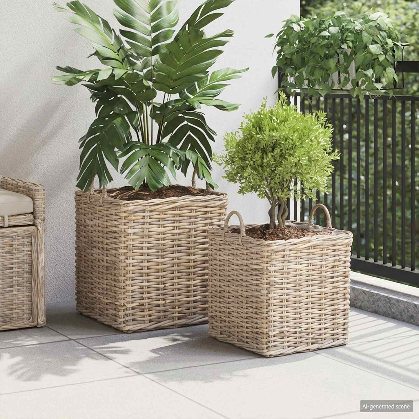 Cestino per piante Vidaxl con contenitore, 2 pezzi, in vimini laccak grigio