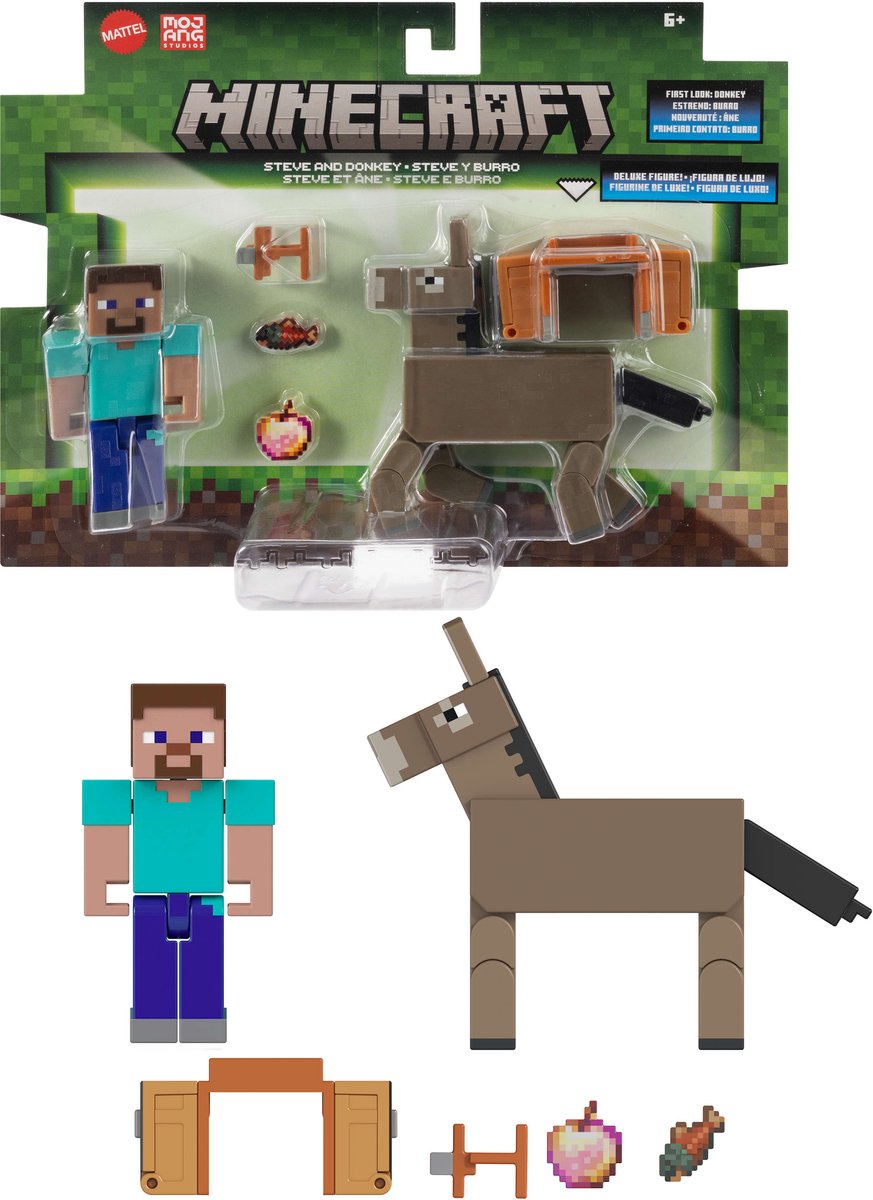 Personaggi Minecraft Steve e Ciuchino, 6 anni, multicolori, in plastica
