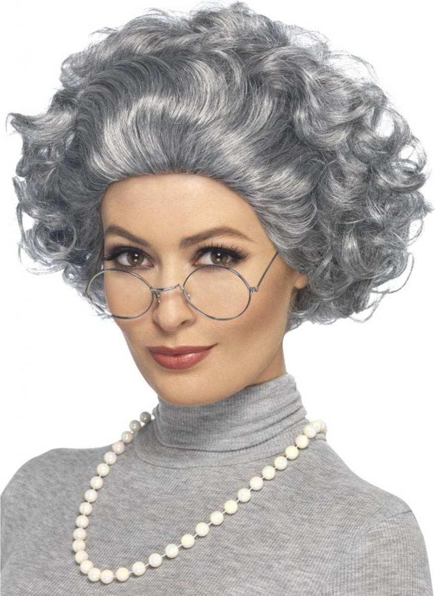 Set de disfraz de abuela Smiffys para mujer - gris - peluca, gafas y collar - anciana - carnaval