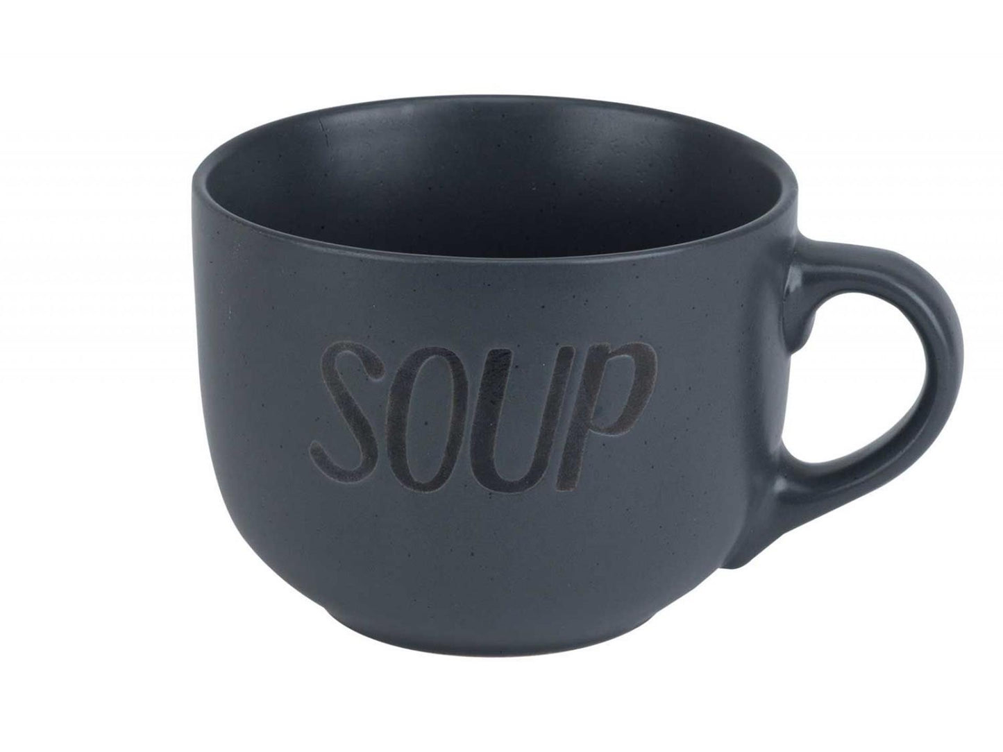 Acogedor y moderno cuenco de sopa con mango gris oscuro.