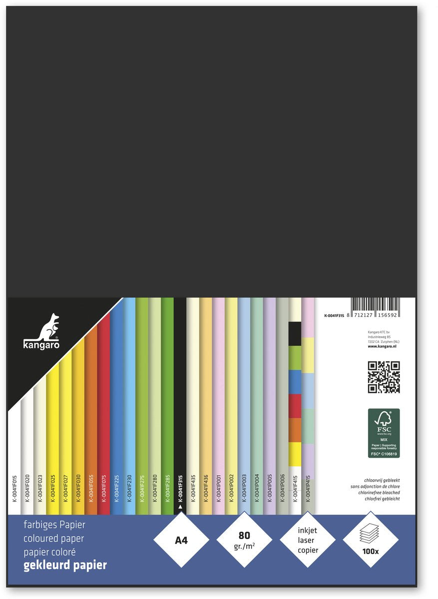 Merkloos sans marque kangaro papier - formaat a4 - 80 grams - zwart - pak 100 vel