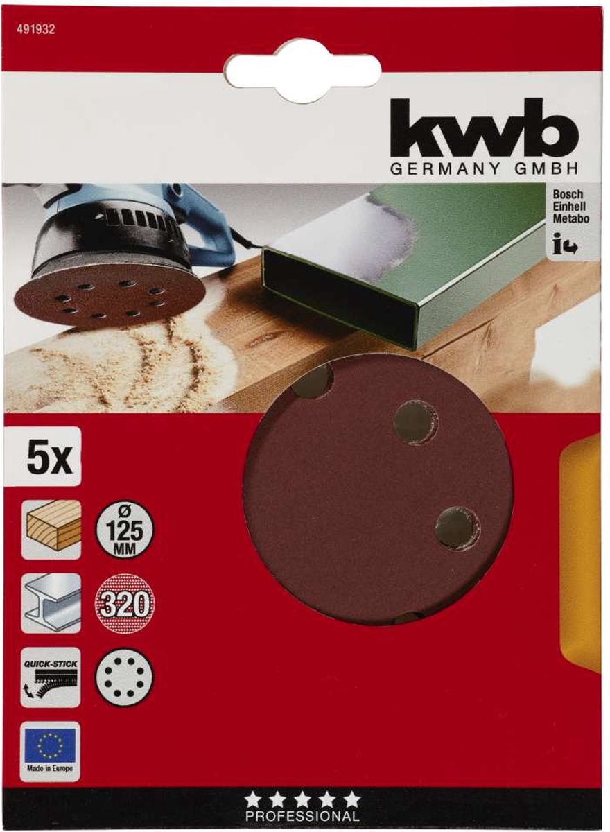 Kwb schuurschijf ø 125 mm - korrel 320 - klittenbandhechting - 491932 - 5 stuks