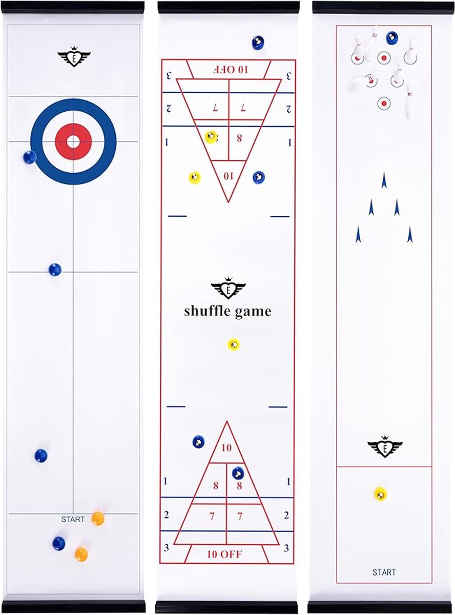 Engelhart Caja de juegos 3 en 1 – curling, bolos aleatorios – Juego de mesa multifuncional – 120 x 28 cm – Juego de juegos 3 en 1 – Juego de mesa de habilidad – Caja de juegos de interior –