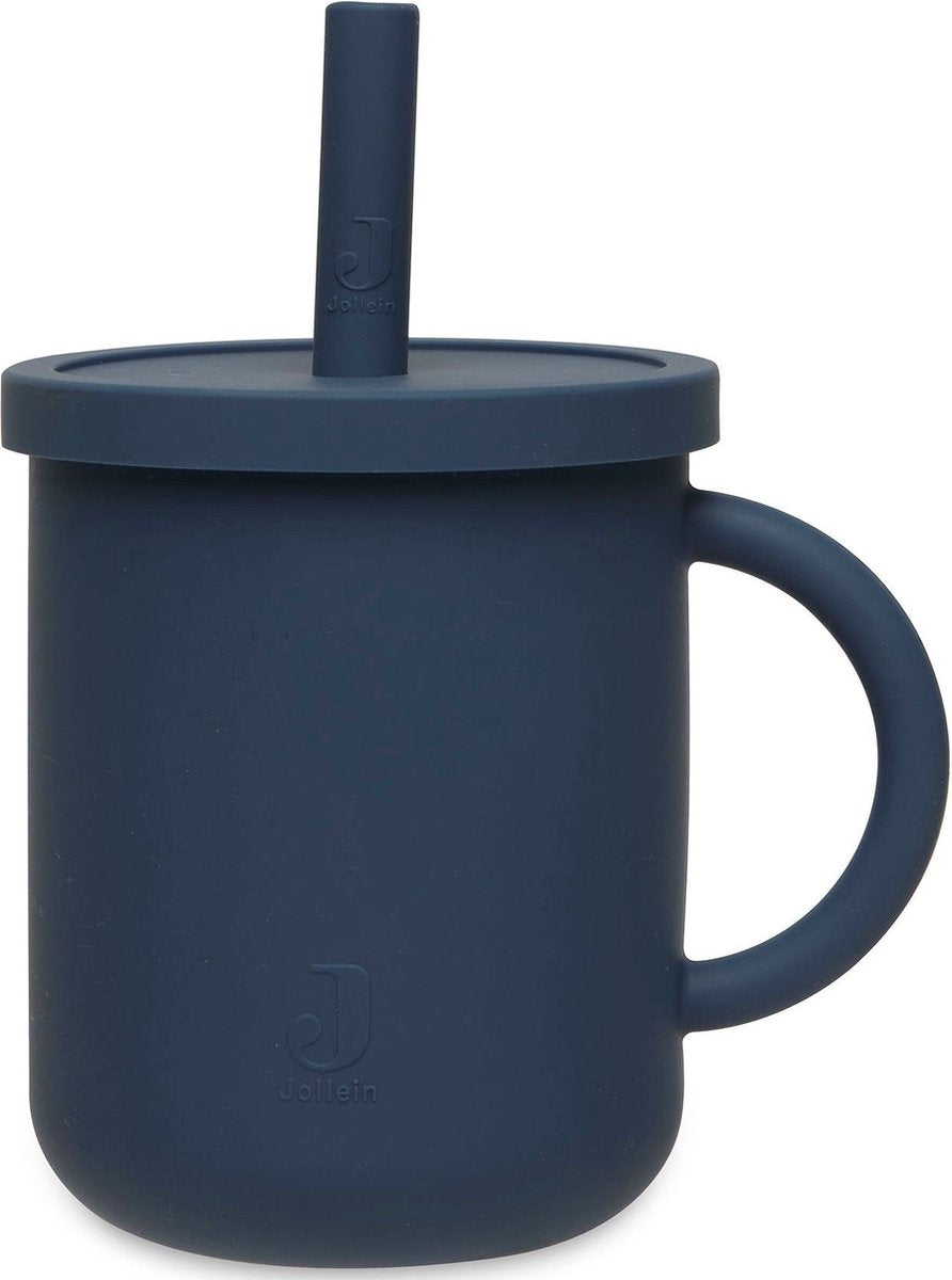 Jollein - bicchiere con cannuccia (blu jeans) - silicone - bicchiere per bebè, posate per bebè - 6-18 mesi
