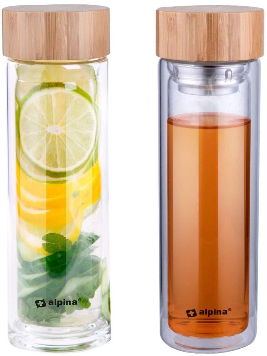 Botella de vidrio Alpina con filtro - botella de agua de doble pared de 450 ml - con tapa de bambú y bolsa de transporte - botella de té con filtro de té