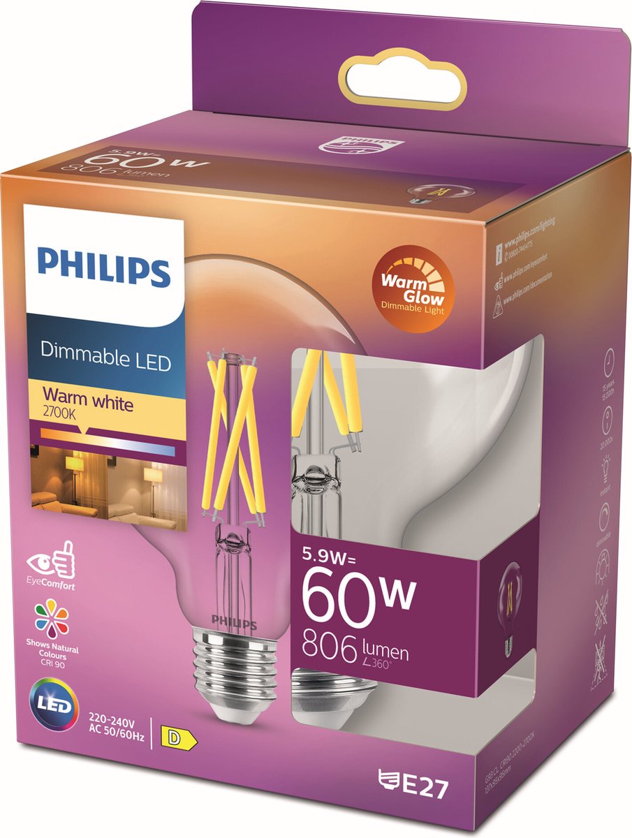Philips led globe g95 e27 5,9-60w filament helder warmglow blister - 5103261