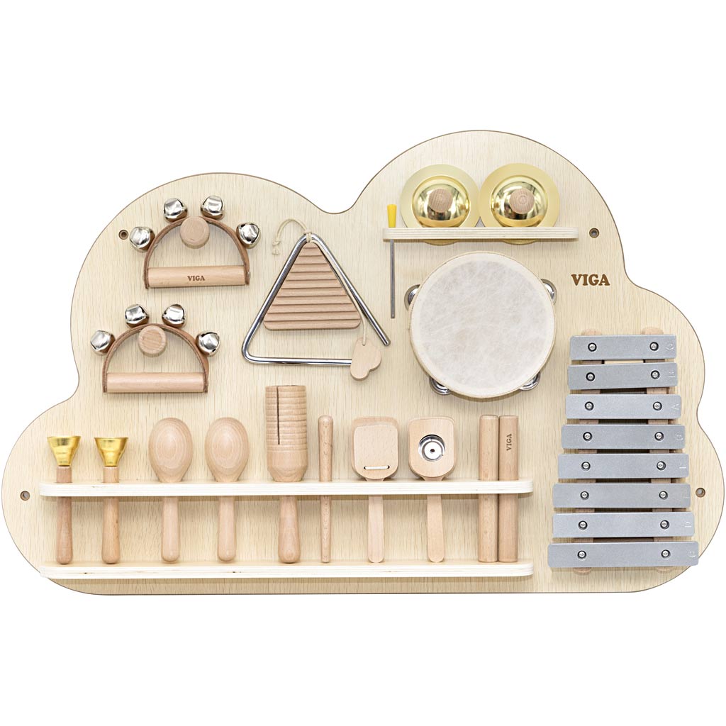 Tablero de actividades Viga con instrumentos de percusión, alto: 48 cm, largo: 75, ancho: 6,6, 12 piezas 1 caja