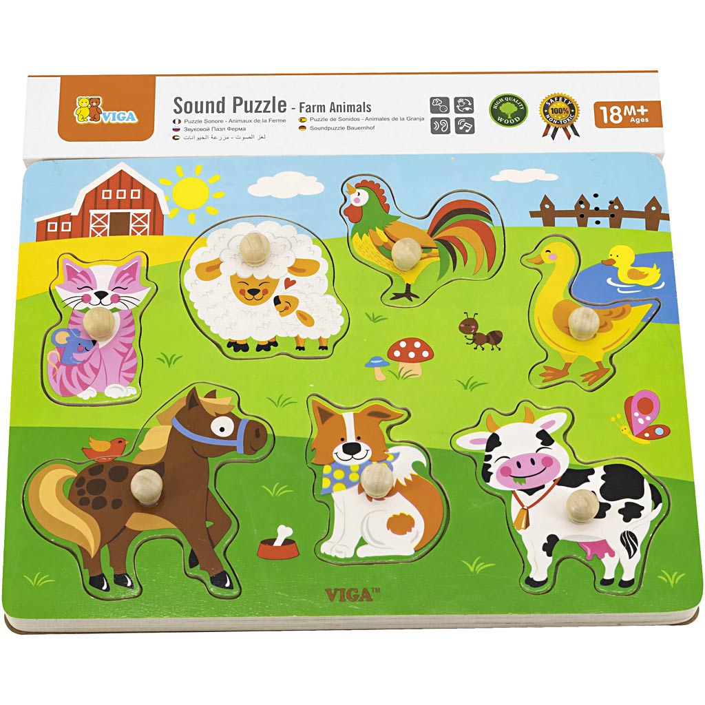 Rompecabezas de madera Viga con sonido, animales de granja, dimensiones 33x22,5x3 cm, 1 pieza