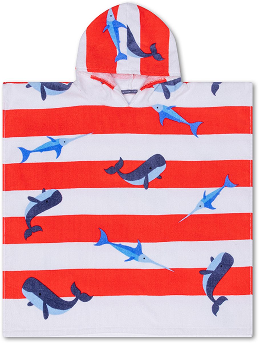 Stripette oceaniche | Poncho della spiaggia bianca rossa 65 x 65 cm