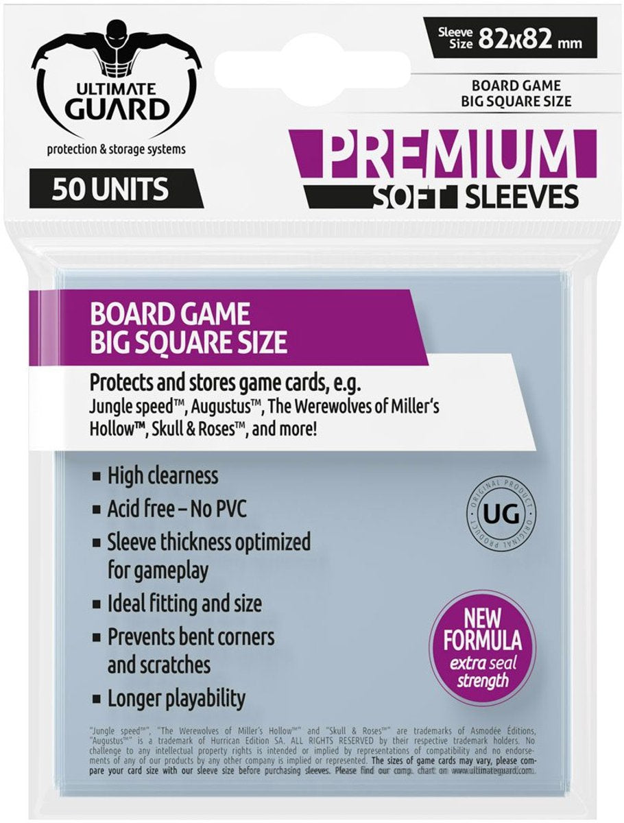 Custodia morbida premium Ultimate Guard per carte da gioco da tavolo, buste quadrate grandi (50) per carte da gioco da tavolo