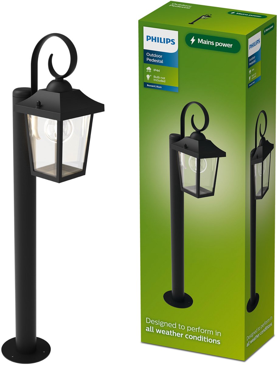 Lampada da terra Philips LED Philips Buzzard - illuminazione per esterni - attacco E27 - resistente alle intemperie: IP44 - nero - alluminio e vetro di alta qualità - design classico