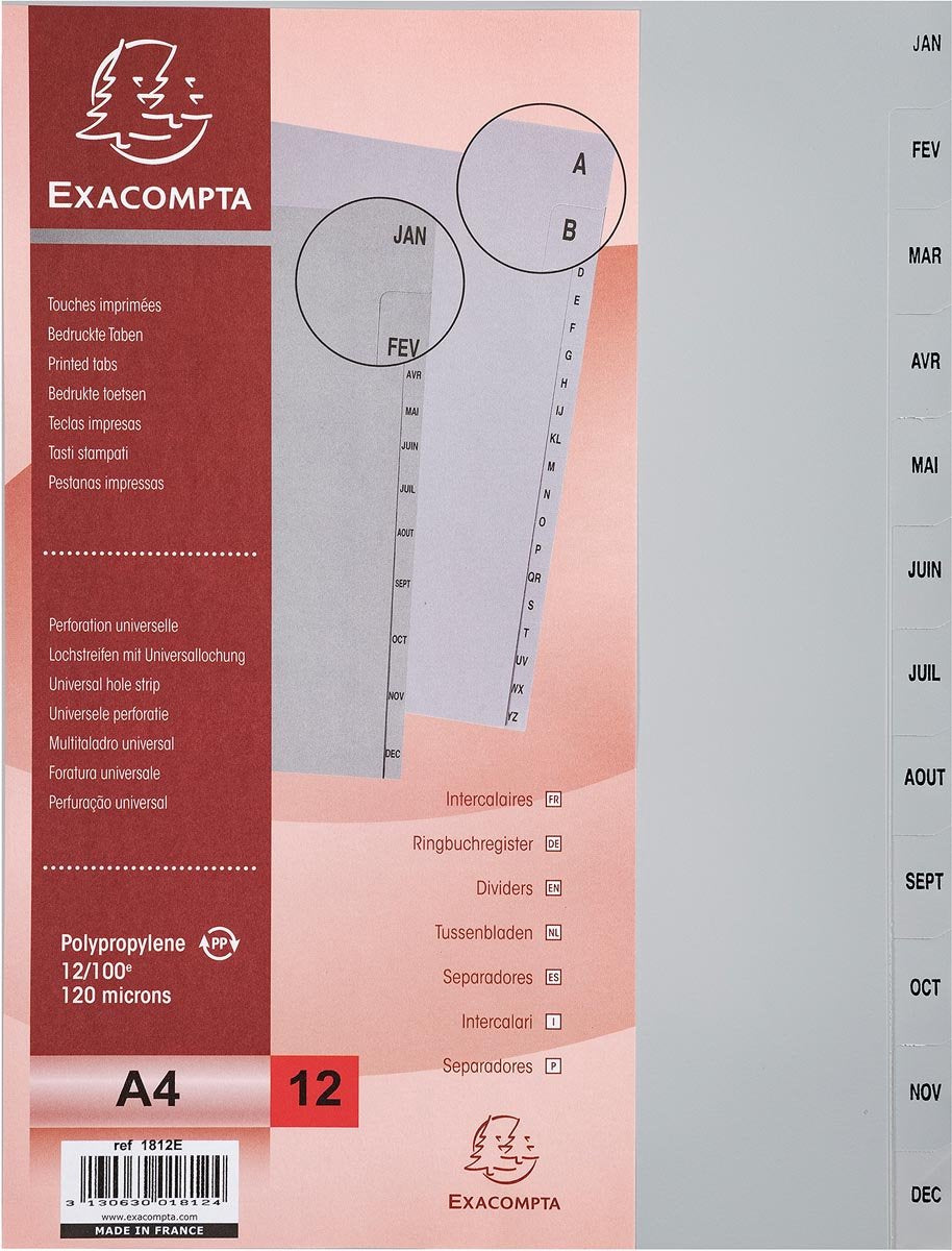 Exacompta tabs mensual a4, de pp, 12 tabs, enero-dic, gris, francés