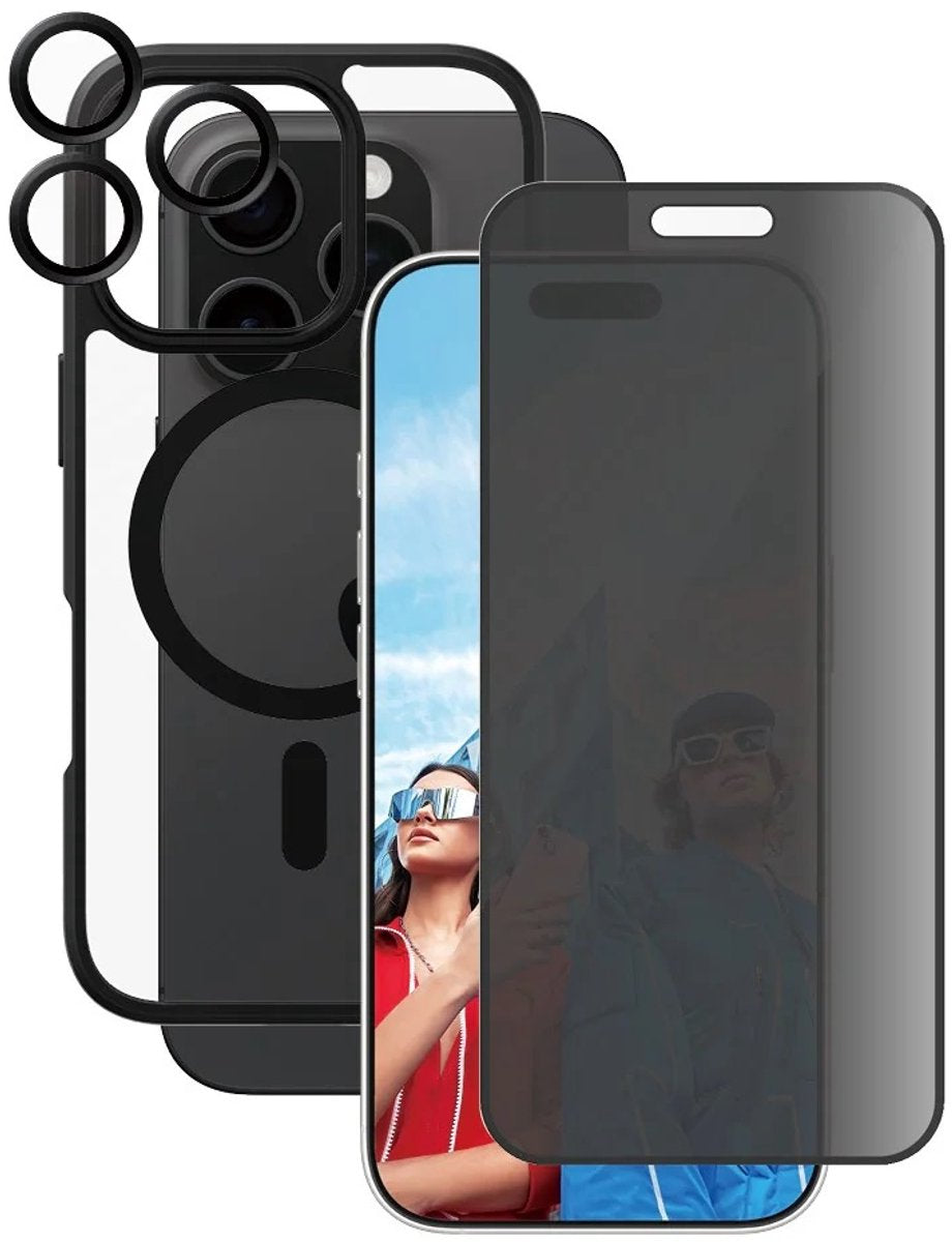 Panzerglass, protector de pantalla adecuado para iPhone 16 pro - Paquete insignia de privacidad 3 en 1, negro transparente
