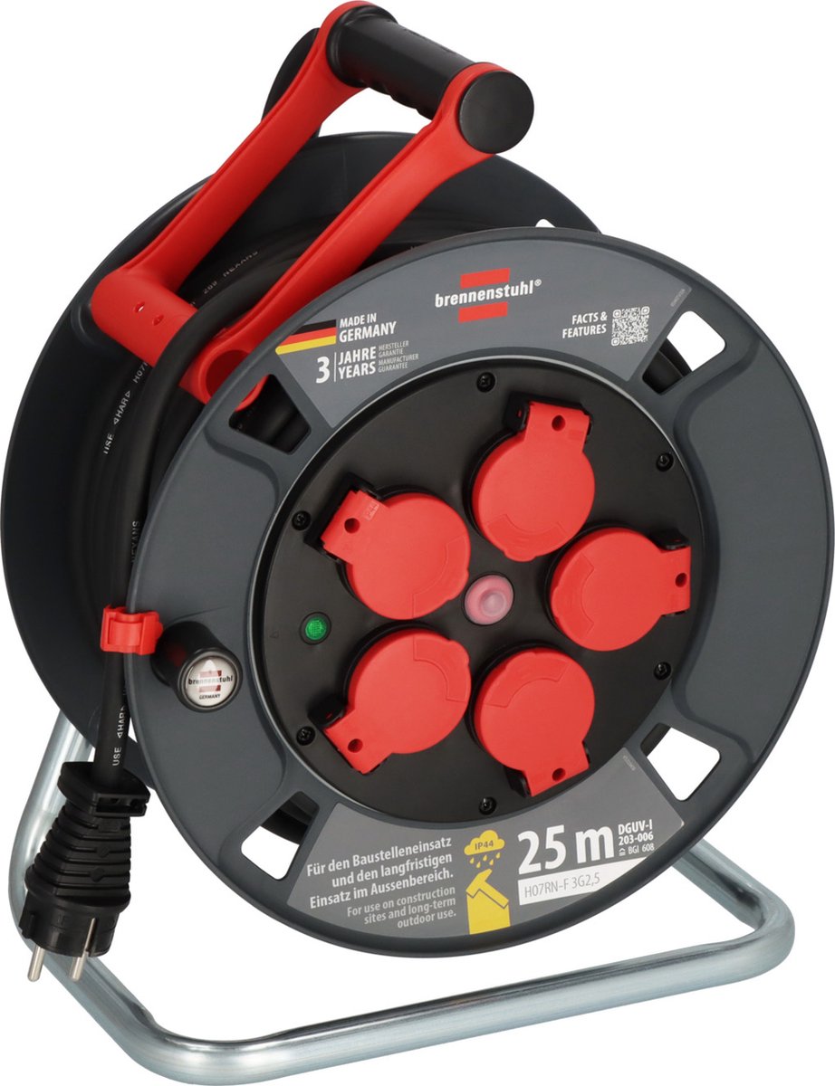 Enrollador de cable profesional Brennerstuhl | 300 ku 2200 | ip44 | 25m | h07rn-f 3g2.5 - 9232250100