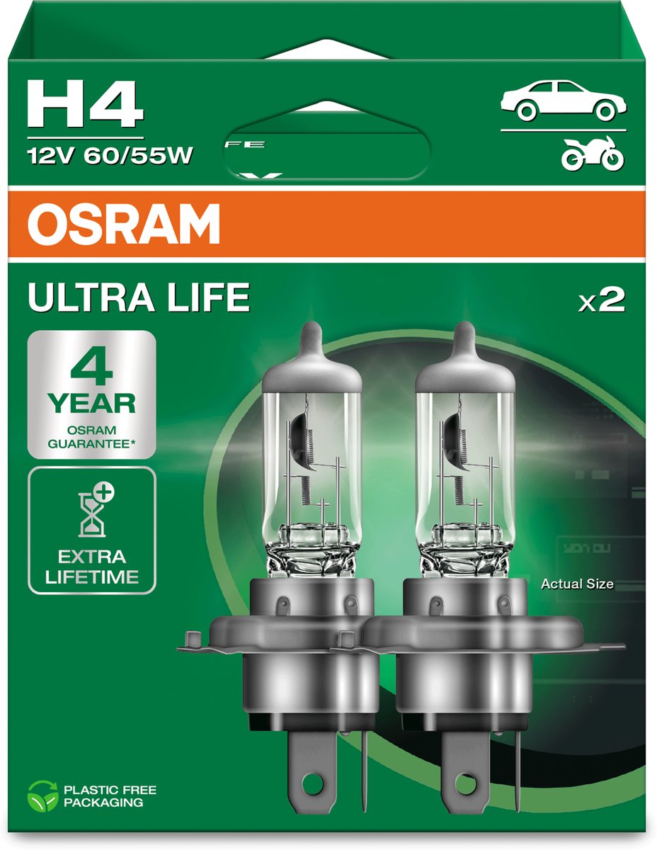 Osram serie ultra life - lampada alogena per veicoli - h4 - lunga durata - garanzia 4 anni
