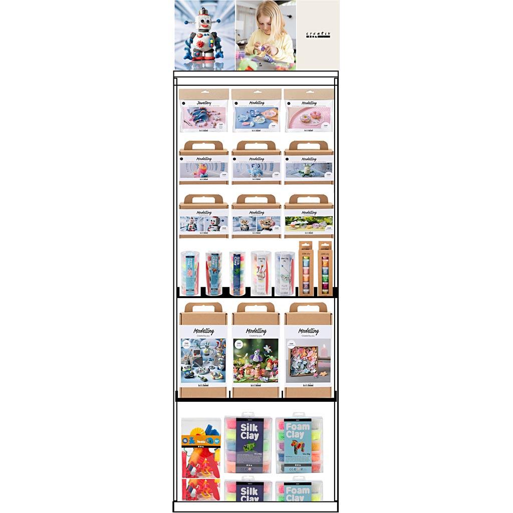 Expositor de suelo de la empresa Creativ, montado, categoría, modelado para niños, alto: 1580 mm, largo: 600 mm, ancho: 400 mm, 96 unidades. 1 pieza