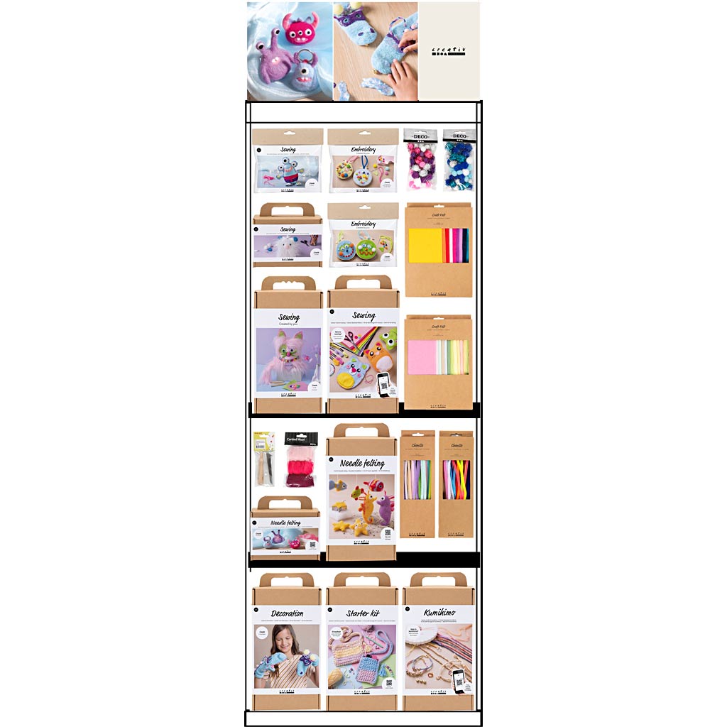Espositore da terra Creative Company, non assemblato, categoria, filati e cucito, bambini, h: 1580 mm, l: 600 mm, l: 400 mm, 122 unità. 1 pezzo