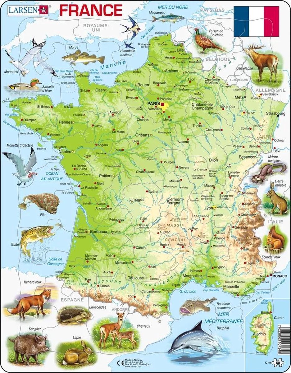 Larsen carte physique de la france – puzzle – france – géographie physique – puzzle éducatif pour enfants – 60 pieces – fabriqué en norvège – pieces extra épaisses de 2.5 mm – plateau with bord fixe