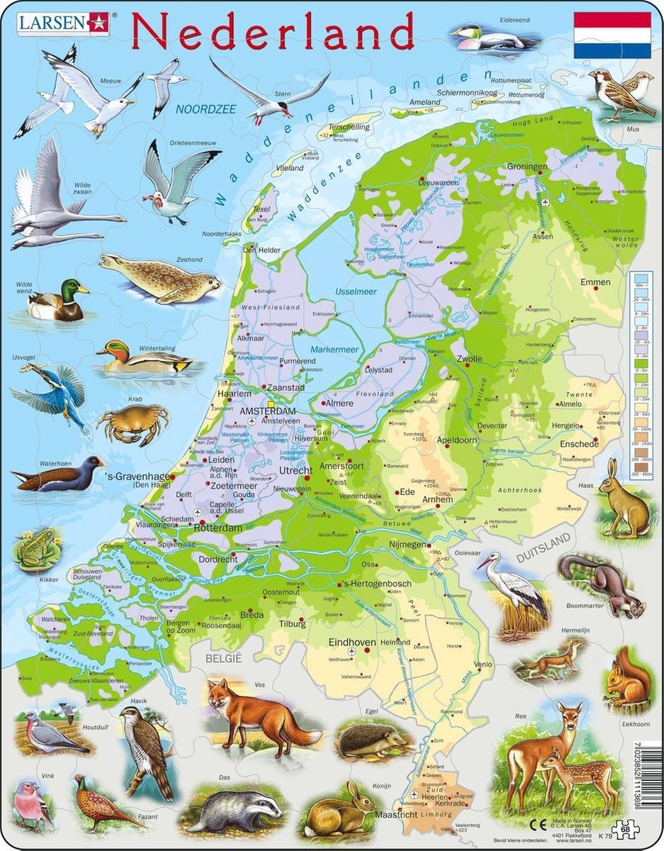 SelectA Larsen Pluzzle Map Nederland - Geografico con animali, 68 °.