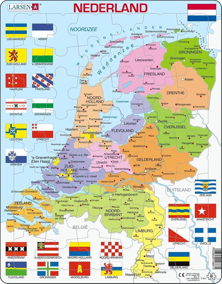 SelectA Larsen Pluzzle Map Nederland con province e bandiere, 48 °.