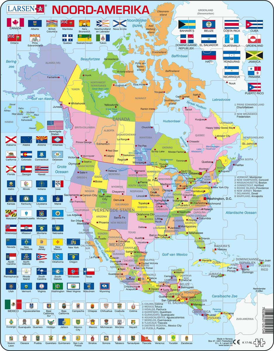 Selecta Larsen Pluzzle Map North, America con stati e bandiere, 70 °.