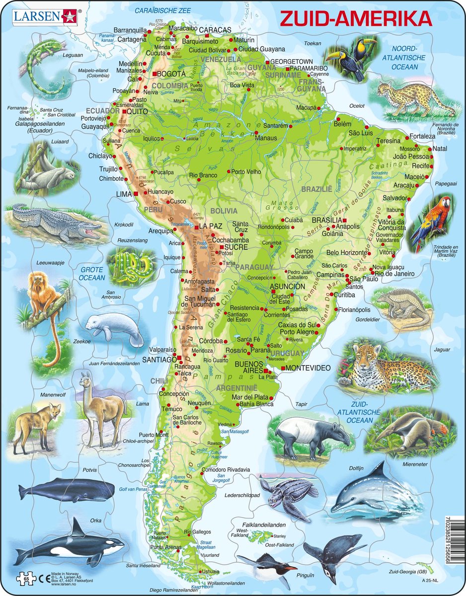 Selecta Larsen Pluzzle Map Sud, America Geografica con animali, 65st.