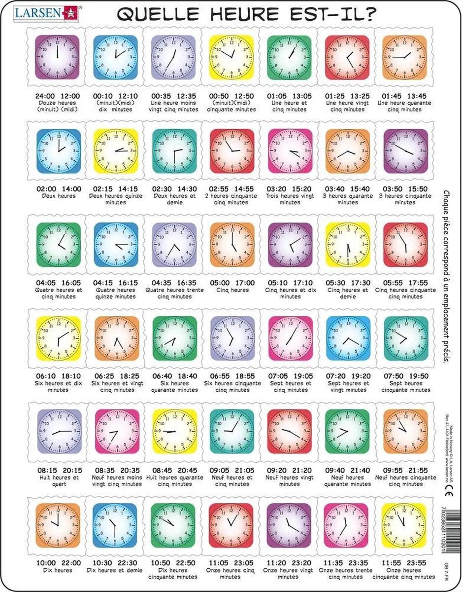 Larsen apprendre l'heure – puzzle – watch – lecture de l'heure – puzzle éducatif pour enfants – 42 pieces – fabriqué en norvège – pieces extra épaisses de 2.5 mm – plateau with bord fixe