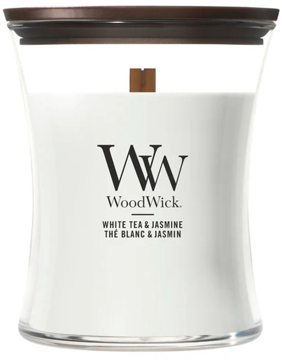 Woodwick hourglass medium geurkaars - white tea jasmine - 60 branduren