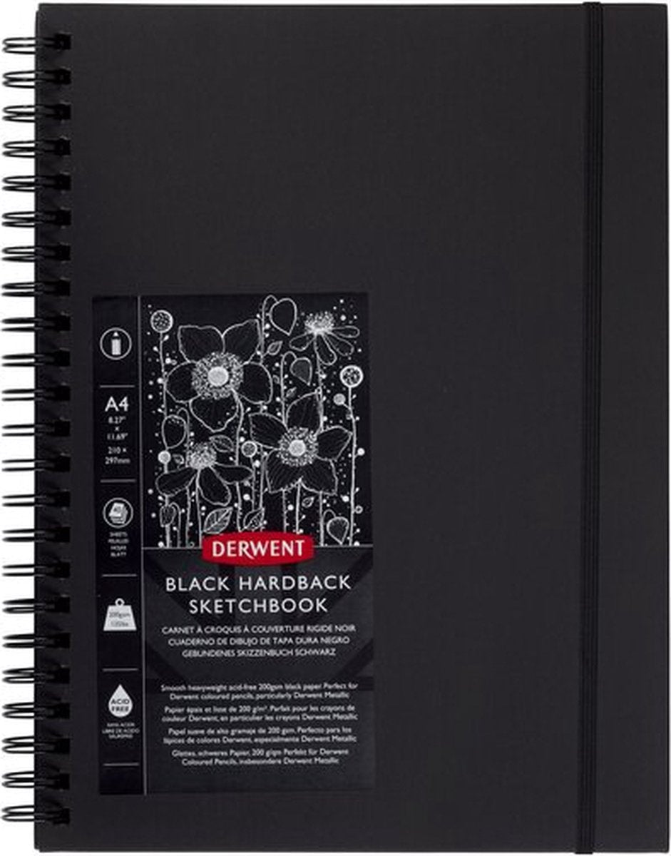 Cuaderno de bocetos Derwent a4 para dibujar y escribir - 40 hojas - papel sin ácido - calidad profesional - negro