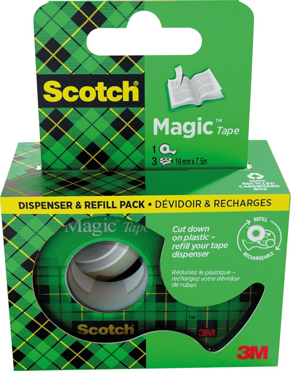 Scotch magic tape plakband ft 19 mm x 7 | 5 m | dispenser + 3 rolletjes | ophangbaar doosje