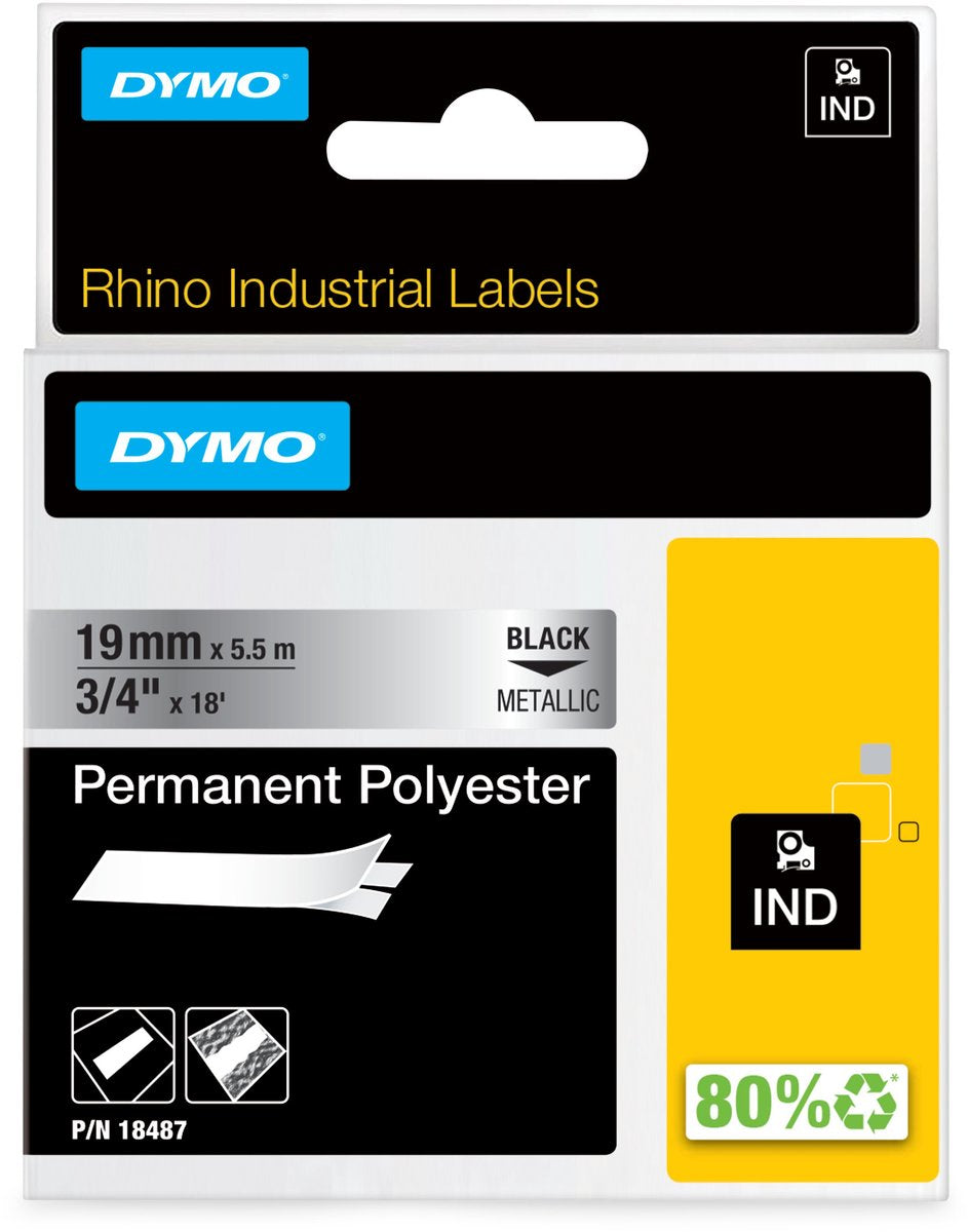 Dymo rhino industriële labels | permanent polyester | 19 mm x 3,5 m | zwarte afdruk op metallic | zelfklevende labels voor rhino labelmanager labelprinters