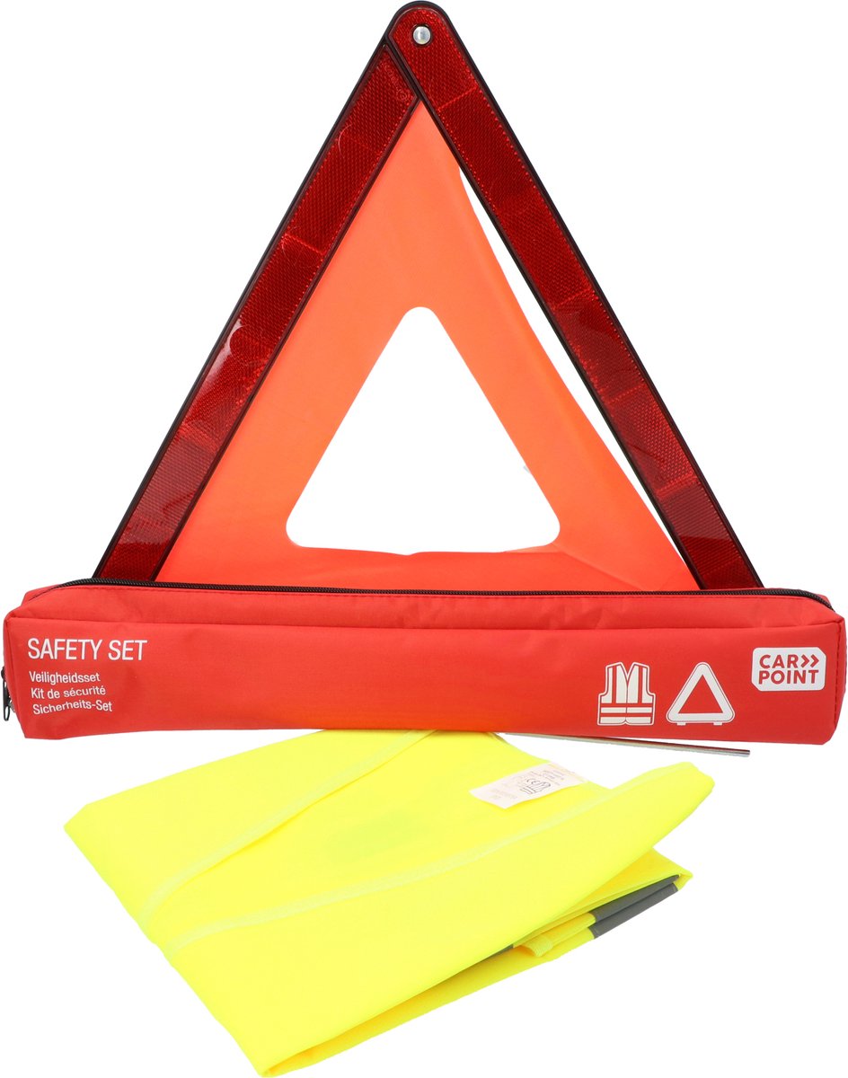 Triángulo de advertencia y chaleco de seguridad Carpoint - reflectante - cuatro patas plegables - chaleco de seguridad con homologación electrónica - bolsa con cremallera