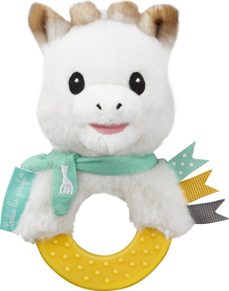 Sonaglio da dentizione Sophie la giraffa - Anello da dentizione a sonaglino 2 in 1 - giocattolo per bambini - regalo di maternità - regalo per baby shower - da 3 mesi - 13x7x6 cm - gomma peluche - giallo bianco turchese