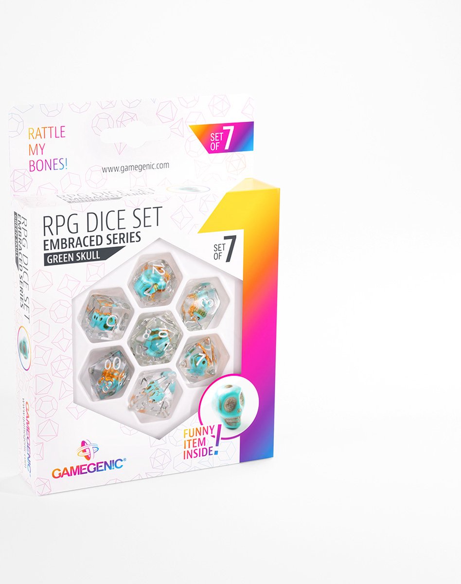 Set di dadi gamegenic abbracciati con teschio verde RPG (7 pezzi) - accessori